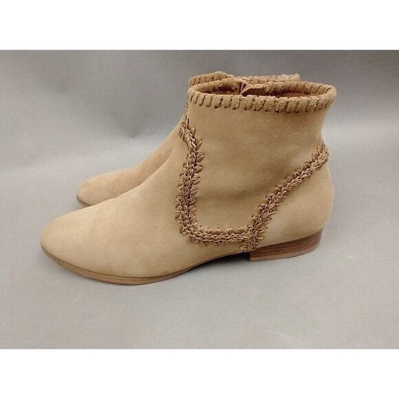Jack Rogers Boots Womens 7 Tan Suede Embroidered Ankle Side Zip Low Heel - Picture 3 of 13